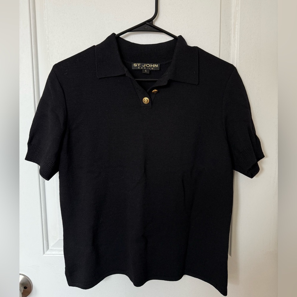 St. John Santana Knit Black Short Sleeve Sweater With Gold Nautical Buttons